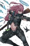  1girl absurdres ambriel_(arknights) arknights arm_guards black_pants black_shirt blue_wings body_armor bolt_action breasts bulletproof_vest chest_harness commentary_request commission cropped_shirt detached_wings energy_wings gun halo handgun harness highres holding holding_gun holding_weapon knee_guards lee-enfield legendkdt long_hair medium_breasts midriff navel pants pink_eyes pink_hair pixiv_commission rifle shirt short_sleeves side_ponytail simple_background sniper_rifle solo tactical_clothes weapon white_background wings 