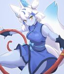  1girl animal_ears bare_shoulders blue_background blue_skin breasts china_dress chinese_clothes colored_skin commentary_request dress extra_ears fingerless_gloves fox_ears fox_girl fox_tail ginkaku_(kemono_friends) gloves grey_hair highres kemono_friends long_hair looking_at_viewer lowlandgorilla simple_background sleeveless solo tail whip yellow_eyes 