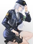  1girl aiguillette ak-15_(girls'_frontline) armband bare_legs blue_hat blue_skirt blue_suit bowler_hat breasts closed_mouth commentary_request from_side full_body girls'_frontline girls'_frontline_2:_exilium green_armband grey_necktie gun hairstyle_request hand_on_own_hat handgun hat high_heels highres holster long_hair looking_at_viewer looking_to_the_side medium_breasts moros_snt mp-443_grach necktie pencil_skirt police police_uniform policewoman shirt simple_background skirt solo suit thigh_holster voymastina_(b-robo_voymawari)_(girls'_frontline_2) voymastina_(girls'_frontline_2) weapon white_background white_hair white_shirt 