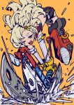  1girl axe black_shorts blonde_hair blush commentary_request cracking_ground crop_top debris detached_pants detached_sleeves gloves goggles goggles_around_neck hair_ornament hairclip highres hitting holding holding_axe holding_weapon jumping one_eye_closed oogushi_aritomo open_mouth pants piper_wheel red_pants shoe_soles shoes shorts solo weapon white_shoes yellow_background yellow_gloves zenless_zone_zero 