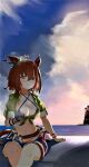  1girl absurdres agnes_tachyon_(lunatic_lab)_(umamusume) agnes_tachyon_(umamusume) ahoge animal_ears armband belt bikini black_belt black_bikini black_gloves blue_ribbon blue_shorts blush breasts brown_hair brown_shirt cleavage closed_mouth cloud collarbone commentary_request criss-cross_halter daikon ear_ornament ear_ribbon flask fur-trimmed_shorts fur_trim gloves hair_between_eyes halterneck highres horse_ears horse_girl horse_tail large_breasts light_smile lighthouse navel ocean radish red_eyes ribbon round-bottom_flask shirt short_hair short_shorts shorts single_glove sitting sleeves_rolled_up solo steaming_body sweat swimsuit tail tied_shirt tom_zheng umamusume variant_set 