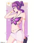  1girl animal_print armlet artist_name bikini bluesky_logo bracelet butterfly_print collarbone commentary english_commentary fern_(sousou_no_frieren) gradient_background hair_bun highres holding holding_sandals instagram_logo jewelry looking_to_the_side navel o-ring o-ring_bikini parted_lips print_bikini purple_background purple_bikini purple_eyes purple_hair sandals sarong senity sidelocks single_hair_bun solo sousou_no_frieren sparkle sparkling_aura speech_bubble standing swimsuit twitter_x_logo white_sarong 