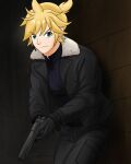  1boy black_coat black_gloves closed_mouth coat commentary_request cosplay desert_eagle gloves gozyuarashi gun handgun highres holding holding_gun holding_weapon kagamine_len leon_s._kennedy leon_s._kennedy_(cosplay) male_focus resident_evil resident_evil_requiem solo weapon 