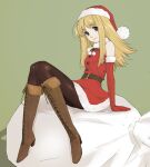  1girl ahoge bag belt belt_buckle black_pantyhose blonde_hair boots breasts brown_belt brown_boots buckle buttons chaos;head commentary_request dress elbow_gloves fur-trimmed_collar fur-trimmed_dress fur-trimmed_gloves fur-trimmed_headwear fur_trim gloves hat head_tilt high_heel_boots high_heels huge_bag knee_boots knees_together_feet_apart long_hair looking_at_viewer masato_(mirai_koubou) nishijou_nanami pantyhose purple_eyes red_dress santa_costume santa_dress santa_hat science_adventure short_dress sidelocks sitting sitting_on_bag sitting_on_object small_breasts smile solo very_long_hair white_bag 