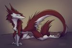  anthro arm_tuft bedroom_eyes blue_eyes cassius_(oldmancassius) claws feranta fluffy fur half-closed_eyes head_tuft leg_tuft male multicolored_fur pinup pose red_fur seductive sergal two_tone_fur white_fur 