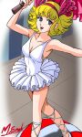  1970s_(style) 1girl absurdres ankle_lace-up armpits balancing ball bare_shoulders blonde_hair blue_eyes breasts cleavage collarbone covered_navel curly_hair feather_hair_ornament feathers hair_ornament hairband hana_no_ko_lunlun highres holding holding_umbrella leotard lunlun_(hana_no_ko_lunlun) masaaki_endo open_mouth retro_artstyle short_hair sideboob signature small_breasts smile solo tutu umbrella white_leotard 
