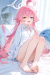  1girl :3 =_= absurdres ahoge ankle bare_legs barefoot blue_archive blue_eyes blush chaoji_da_yuwan chinese_commentary collared_shirt commentary_request couch crossed_bangs curtains fang feet fern full_body hair_between_eyes halo happy heterochromia highres hoshino_(blue_archive) indoors light_particles long_hair looking_at_viewer on_couch open_mouth orange_eyes pink_hair pink_halo plant potted_plant shirt sitting solo toes very_long_hair white_shirt 