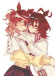  2girls agnes_tachyon_(tach-nology)_(umamusume) agnes_tachyon_(umamusume) ahoge animal_ears arms_around_neck bandolier belt black_skirt blush braid brown_hair commentary cowboy_shot dot_nose earrings english_commentary grin hair_between_eyes hair_ornament hairclip half_up_half_down_braid highres horse_ears horse_girl jacket jewelry jungle_pocket_(champion's_battle_cry)_(umamusume) jungle_pocket_(umamusume) lab_coat long_sleeves midriff multicolored_hair multiple_earrings multiple_girls multiple_hairclips red_eyes roppenchu simple_background skirt sleeves_past_wrists smile streaked_hair sweater_vest test_tube umamusume v-shaped_eyebrows white_background white_streaks wolf_cut yellow_eyes yellow_jacket yellow_sweater_vest 