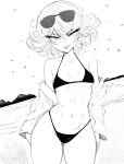  1girl absurdres bikini breasts commentary contrapposto cowboy_shot curly_hair eyewear_on_head greyscale heart hehevich highleg highleg_bikini highres micro_bikini monochrome off_shoulder one-punch_man open_clothes open_shirt pear-shaped_figure petite smile solo sunglasses swimsuit tatsumaki thighs v-shaped_eyebrows 