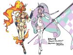  2girls animal_ears blue_bra blue_eyes blue_gloves blue_hair blue_thighhighs bodysuit boots bra checkered_flag colored_eyelashes commentary_request curly_hair fiery_hair flag full_body galarian_rapidash gloves harurie helmet highres holding holding_flag horse_ears long_hair motorcycle_helmet multicolored_hair multiple_girls one_eye_covered open_bodysuit open_clothes orange_eyes orange_hair pokemon ponytail purple_hair race_queen rapidash sidelocks thighhighs two-tone_hair underwear unicorn_horn white_boots white_eyelashes white_gloves yellow_bodysuit zettai_ryouiki 