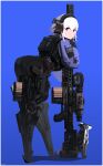  1girl absurdres ass ass_focus bent_over blue_background bulletproof_vest commentary cqcnorthfish first_aid_kit gun handgun headphones highres holster looking_at_viewer mechanical_legs original rifle robot_cat sniper_rifle solo tactical_clothes weapon white_hair 