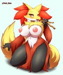  2017 absurd_res anthro big_breasts blush breasts canine delphox female fox fur hi_res looking_at_viewer mammal nintendo nipples open_mouth pok&eacute;mon simple_background solo tailzkim tongue video_games 