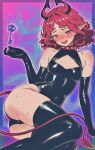  1girl absurdres ahoge alternate_costume arknights arm_support ass bare_shoulders black_gloves black_leotard blush breasts bright_pupils caffichai collar commentary demon_girl demon_horns demon_tail diamond-shaped_pupils diamond_(shape) elbow_gloves english_commentary feet_out_of_frame gloves highres horns key latex latex_gloves latex_leotard latex_thighhighs leotard looking_at_viewer nymph_(arknights) open_mouth pink_eyes pink_hair pointy_ears red_collar short_hair skindentation small_breasts smile solo spiked_collar spikes symbol-shaped_pupils tail thighhighs thighs white_pupils 