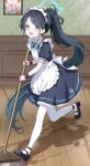  1girl absurdres apron aris_(blue_archive) aris_(maid)_(blue_archive) black_dress black_hair black_shoes blue_archive blue_eyes blue_ribbon blush chinese_commentary cleaning commentary_request doodle_sensei_(blue_archive) dress frilled_apron frilled_dress frills from_side full_body gradient_hair halo happy highres holding holding_mop indoors long_hair looking_at_viewer maid maid_apron maid_headdress mop multicolored_hair neck_ribbon official_alternate_costume open_mouth pantyhose picture_frame ponytail puffy_short_sleeves puffy_sleeves ribbon ringed_eyes running sensei_(blue_archive) shoes short_sleeves solo swept_bangs very_long_hair white_apron white_pantyhose wooden_floor wristband xiongji_z_z 