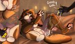  anthro anus brown_fur brown_hair canine dog eyes_closed female fingering fur hair mammal open_mouth pawpads pussy smile solo spread_legs spreading tai_lung_(artist) teeth tongue 