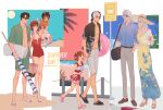  3girls 4boys animal_ears bag beach beach_bag beach_towel beach_umbrella belt beret black_hair black_jack_(character) black_jack_(series) blue_eyes blue_shirt bookila bookila_ni_yoroshiku! bow breasts brother_and_sister brown_belt brown_eyes brown_hair brown_shoes bus_stop_sign cleavage closed_mouth collared_shirt commentary davierrr dress duffel_bag english_commentary eyepatch food grey_hair grey_pants grey_shorts hair_bow hair_over_one_eye hand_in_pocket hat high_heel_sandals high_heels highres holding holding_food holding_hands holding_ice_cream_cone holding_popsicle holding_umbrella ice_cream_cone innertube kiriko_(black_jack) multicolored_hair multiple_boys multiple_girls navel neoki_toroko one-piece_swimsuit open_mouth orange_shirt palm_tree pants pink_bow pinoko polka_dot_one-piece_swimsuit popsicle red_eyes rock_(tezuka_osamu) sandals shirt shoes shorts siblings smile standing stitched_arm stitched_leg stitches striped_clothes striped_shorts stuffed_animal stuffed_sheep stuffed_toy summer sun sunglasses swim_ring swimsuit towel tree two-tone_hair umbrella white_hair yuri_(black_jack) 