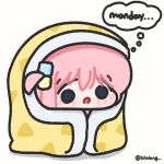  1girl :o blanket blush bocchi_the_rock! chibi chibi_only cube_hair_ornament english_text gotoh_hitori hair_ornament highres lulalang pink_hair solo speech_bubble thought_bubble twitter_username white_background worried wrapped_in_blanket 