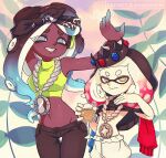  2girls bandana black_hair breasts colored_fingertips commentary crop_top cup dark-skinned_female dark_skin drinking_glass gold_necklace gradient_hair green_eyes highres inkling jewelry long_hair looking_at_viewer marina_(splatoon) medium_hair mole mole_under_mouth multicolored_hair multiple_girls navel navel_piercing necklace octoling pants pearl_(splatoon) piercing secretstarlevel smile splatoon_(series) splatoon_2 suction_cups sweater tentacle_hair underboob wine_glass 