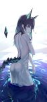  1girl absurdres alternate_costume animal_ears arknights ass back backless_dress backless_outfit bare_back bare_shoulders black_hair chinese_commentary colored_inner_hair commentary_request crystal dress from_behind green_eyes green_hair highres incredibly_absurdres ju_zi_gan long_hair looking_at_viewer looking_back mon3tr_(arknights) multicolored_hair profile solo standing tail wading water white_background white_dress 