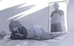  1boy 1girl ahoge bag bald bed character_doll commentary doll door doorway hehevich highres holding holding_bag hood hoodie lying no_pants on_side one-punch_man raised_eyebrow saitama_(one-punch_man) tatsumaki thighhighs toned toned_male 