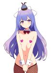  1girl absurdres animal_on_head bare_shoulders bird bird_on_head bow bowtie braid breasts closed_mouth commentary_request cowboy_shot detached_collar dot_nose double-parted_bangs fishnet_thighhighs fishnets gradient_eyes heart_pasties highres long_hair looking_at_viewer multicolored_eyes navel on_head pasties project-sp purple_eyes purple_hair red_bow red_bowtie rutice side_braid simple_background single_braid small_breasts solo standing stomach thighhighs v_arms virtual_youtuber white_background white_wrist_cuffs wrist_cuffs wucandan_de_gangtanke yellow_eyes 