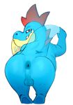  all_fours anthro anus backsack balls crocodilian croconaw holding_tail inviting looking-back looking_at_viewer naughty_face nintendo perineum pok&eacute;mon presenting rear_view reptile scalie seyrmo thick_thighs video_games 