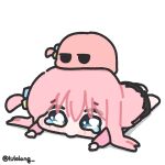  1girl blue_eyes blush bocchi_the_rock! chibi cube_hair_ornament gotoh_hitori gotoh_hitori_(tsuchinoko) hair_ornament highres jitome lulalang lying on_stomach solid_eyes tears twitter_username white_background yurie_mouth 