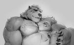  2017 anthro bear biceps big_biceps big_muscles body_hair chest_hair front_view grope hand_on_penis male mammal markings monochrome muscular muscular_male null-ghost open_mouth pecs pose scar simple_background solo symbol tattoo tongue tuft 
