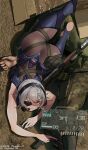  1boy 1girl absurdres artist_name assault_rifle bodysuit box breasts commentary_request earphones full_body grey_hair gun handgun highres holding holding_gun holding_weapon indie_virtual_youtuber kalashnikov_rifle large_breasts lying metal_gear_(series) metal_gear_solid_v:_the_phantom_pain obsidian117 red_eyes rifle saruei_(vtuber) twitter_username virtual_youtuber weapon 