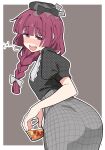  1girl black_hat black_shirt blush bocchi_the_rock! bow braid commentary_request cup grey_skirt hair_bow hat hat_bow highres hiroi_kikuri holding holding_cup looking_at_viewer looking_back noyama_takenoko plaid_clothes plaid_skirt puffy_short_sleeves puffy_sleeves purple_eyes purple_hair sharp_teeth shirt short_sleeves single_braid skirt solo squeans teeth 