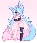  1girl ahoge animal_ear_fluff animal_ears black_thighhighs blue_hair blue_tail blush bra breasts cleavage closed_eyes gradient_hair gradient_tail hair_over_one_eye highres indie_virtual_youtuber large_breasts limebreaker long_hair messy_hair multicolored_hair multicolored_tail open_mouth pink_hair pink_tail revealing_clothes silvervale single_thighhigh solo standing tail thighhighs thighs torn_bra torn_clothes underwear very_long_hair virtual_youtuber wolf_ears wolf_girl wolf_tail 