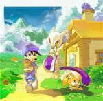  1girl black_hair blue_shirt border bread bright_pupils character_request cinnabar_island cloud commentary_request diglett food grimer growlithe hat holding holding_spoon house loaf_of_bread lowres mewtwo mountainous_horizon open_mouth outdoors oversized_spoon pokemon pokemon_(creature) pokemon_adventures red_eyes sayaka_(hot_cake_hunters) shirt shoes spoon walking white_border white_pupils 