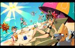  2girls 6+boys :o abs ahoge aipom alternate_costume aqua_eyes aquarella_(pokemon) arm_tattoo avery_(pokemon_trozei!) ball baron_phobos_(pokemon) beach beach_umbrella beard bikini black_bikini black_one-piece_swimsuit black_sandals black_sclera blue-tinted_eyewear blue_flower blue_hat blue_sky boolum_(pokemon) bracelet breasts brown_eyes brown_hair brown_hat bucket buzz_(pokemon) cane chair cloud colored_sclera commentary_request crocs cup curly_hair day drink drinking_straw earrings eyelashes facial_hair fangs flippers flower food fruit glass goggles green_shoes grock_(pokemon) hair_flower hair_ornament hair_over_one_eye hat hat_flower hawaiian_shirt heart_scale highres holding holding_cane holding_cup holding_drink inflatable_armbands jewelry kicking lemon lemon_slice letterboxed lifebuoy lifeguard_chair lucy_fleetfoot_(pokemon) lying male_swimwear manectric midair mixed-language_commentary mohawk motion_lines multiple_boys multiple_girls muscular muscular_male mustache narrowed_eyes navel old old_man on_stomach one-piece_swimsuit open_mouth orange_shorts outdoors palm_tree pink_flower pink_hair pokemon pokemon_(creature) pokemon_trozei! professor_p_(pokemon) ragou2niko red_eyes red_hair sand sandals shirt shoes short_hair short_sleeves shorts sitting sky solrock stomach sun sweatdrop swim_ring swimsuit tall_hair tattoo teeth thick_eyebrows tinted_eyewear tree umbrella upper_teeth_only variant_set volleyball_(object) volleyball_(sport) volleyball_net water white-framed_eyewear white_hair 