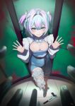  1girl absurdres blue_bodysuit bodysuit bow breasts cleavage commentary english_commentary green_eyes gun hair_between_eyes hair_intakes hair_tie handgun highres indie_virtual_youtuber iridescent_hair looking_at_viewer medium_breasts multicolored_hair phaego solo virtual_youtuber weapon white_bow white_hair yuy_(vtuber) 