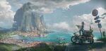  1other absurdres androgynous bare_arms bare_shoulders bird boat closed_mouth cloud commentary_request couldoh day flock gloves grand_scale harbor helmet highres holding holding_map horizon lighthouse looking_at_viewer map map_(object) motor_vehicle motorcycle motorcycle_helmet mountain ocean original outdoors pants red_hair road road_sign scenery seagull shirt short_hair sidecar sideways_glance sign sky sleeveless sleeveless_shirt smile standing street town water watercraft 