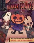  1girl 2boys absurdres animal_crossing axe balloon bandages box candy coco_(animal_crossing) comic_cover commentary copyright_name cover cover_page dog_boy english_text eye_socket food gift gift_box glowing glowing_eyes groverfischoeder halloween haniwa_(statue) highres holding holding_axe holding_candy holding_food hollow_eyes hollow_mouth jack_(animal_crossing) leaf lucky_(animal_crossing) multiple_boys object_head path pumpkin rabbit_girl untranslatable_commentary yellow_eyes 