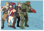 1girl 3boys armband armor black_gloves black_pants blonde_hair blue_background blue_eyes blue_gloves blue_shirt boots border breasts brown_hair brown_pants colored_skin commentary crossover double-barreled_shotgun english_commentary fortnite full_body gloves green_armor green_boots green_helmet green_scarf green_shirt gun halo_(series) handgun hat hat_bell helmet heterochromia highres holding holding_gun holding_weapon jester_cap jester_costume jonesy_(fortnite) kamii_momoru leon_s._kennedy looking_at_another master_chief medium_breasts multicolored_hat multiple_boys multiple_crossover orange_assault_visor pants pomni_(the_amazing_digital_circus) puffy_short_sleeves puffy_sleeves red_armband red_eyes resident_evil resident_evil_4 scarf shirt short_hair short_sleeves shotgun sleeveless sleeveless_shirt standing striped_clothes striped_headwear the_amazing_digital_circus two-tone_hat weapon white_border white_skin yellow_trim 
