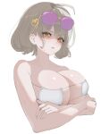  1girl absurdres anis_(nikke) anis_(sparkling_summer)_(nikke) aviator_sunglasses bare_shoulders bikini breasts brown_hair cleavage crossed_arms disgust eyepatch_bikini eyewear_on_head goddess_of_victory:_nikke hair_between_eyes highres large_breasts looking_at_viewer official_alternate_costume open_mouth pink-tinted_eyewear pulchi scowl shaded_face short_hair simple_background solo sunglasses sweat swimsuit tinted_eyewear upper_body white_background white_bikini 