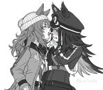  2girls animal_ears arm_belt beanie belt blood blood_on_arm blood_on_tongue blush clenched_teeth closed_eyes commentary_request dice dice_necklace ears_through_headwear eyes_visible_through_hair fenomeno_(black_flames_of_the_righteous_spirit)_(umamusume) fenomeno_(umamusume) flipped_hair from_side furrowed_brow gloves greyscale hair_between_eyes hand_blush hand_to_own_mouth hat high_collar horse_ears horse_girl horse_tail horseshoe_hat_ornament horseshoe_ornament jacket jewelry koto444866 leaning_back leaning_forward licking_another's_nose licking_blood long_hair long_sleeves messy_hair midriff monochrome multicolored_hair multiple_girls nakayama_festa_(shichuukyuukatsu)_(umamusume) nakayama_festa_(umamusume) navel necklace nosebleed open_clothes open_jacket open_mouth pants peaked_cap pixiv_username shirt simple_background sweat tail teeth tongue tongue_out torn_clothes torn_shirt two-tone_hair umamusume upper_body upper_teeth_only v-shaped_eyebrows very_sweaty white_background yuri 