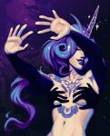  1girl absurdres breasts celeste_(deadlock) commentary deadlock_(game) english_commentary hand_shadow_covering_breasts_(meme) highres horns linea_alba lips meme navel neck_tattoo pandorra single_horn smile sparkle stomach_tattoo tattoo tooth_gap 