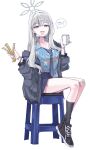  1girl ? absurdres bandaid bandaid_on_knee bandaid_on_leg black_shoes black_socks blue_archive blue_necktie blue_shirt blue_skirt breasts cleavage coffee commentary_request cup disposable_cup floral_print floral_print_shirt food_packaging full_body grey_eyes grey_hair grey_halo grey_jacket halo hawaiian_shirt highres holding holding_cup jacket jacket_partially_removed konoka_(blue_archive) korean_commentary large_breasts long_hair long_sleeves looking_at_viewer loose_necktie mask mask_pull miniskirt mouth_mask necktie on_stool open_collar open_mouth pleated_skirt print_shirt shirt shirt_partially_tucked_in shoes simple_background sitting skirt smile socks solo spoken_object spoken_question_mark stool surgical_mask untied_shoelaces visu_02 white_background white_mask 