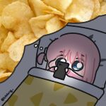  1girl blanket blue_eyes blush bocchi_the_rock! cellphone chibi chibi_only chips_(food) cube_hair_ornament food gotoh_hitori hair_ornament highres imagining jacket looking_at_phone lulalang phone pillow pink_hair potato_chips smartphone solo speech_bubble thought_bubble triangle_print twitter_username under_covers 
