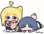  1other 2girls ahoge blonde_hair blue_hair blush bocchi_the_rock! bow bowtie closed_eyes detached_ahoge gotoh_hitori gotoh_hitori_(tsuchinoko) head_bump highres ijichi_nijika jitome lulalang lying mole multiple_girls multiple_head_bumps on_stomach school_uniform side_ponytail skirt tears twitter_username white_background yamada_ryo 