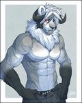  2015 abs anthro athletic bedroom_eyes biceps black_nose canine clothed clothing dark_gray_fur demon fangs feralise fur glowing glowing_eyes grey_fur hair half-closed_eyes horn looking_at_veiwer looking_at_viewer male mammal multicolored_fur muscular muscular_male navel nipples pants partially_clothed pecs red_eyes scruff seductive simple_background smile solo standing striped_fur stripes teeth topless underwear white_background white_fur wolf 