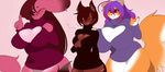  amber_(kanel) anthro big_breasts blue_eyes blush breast_size_difference breast_squish breasts canine cleavage clothed clothing ear_piercing female fennec fox fyxe group hair huge_breasts kanel kanie kemono long_hair looking_at_viewer mammal one_eye_closed piercing simple_background smile wide_hips 