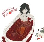  1girl bath bath_of_blood bathing bathtub black_hair blood blood_on_face breasts commentary_request completely_nude green_eyes highres large_breasts long_hair mitsusame murasa_minamitsu nipples nude one_eye_closed simple_background solo touhou unworn_clothes white_background 