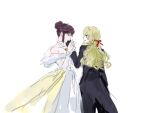  2girls black_coat blonde_hair blush brown_hair coat dress eye_contact hair_bun hair_ribbon hair_up highres kiss kissing_hand long_hair looking_at_another multiple_girls nirvana_(w688348960) off-shoulder_dress off_shoulder red_ribbon ribbon saijo_claudine shoujo_kageki_revue_starlight simple_background smile tendo_maya tuxedo white_background white_dress yuri 