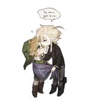  2boys ahoge blonde_hair blue_eyes chibi closed_eyes commentary earrings english_commentary english_text green_hat hat heart highres isa-415810 jewelry kiss kissing_forehead light_blush link long_sidelocks looking_at_another male_focus multiple_boys oc_x_canon original pointy_ears sidelocks simple_background speech_bubble spoken_heart standing the_legend_of_zelda the_legend_of_zelda:_breath_of_the_wild the_legend_of_zelda:_tears_of_the_kingdom timick_(isa-415810) white_background yaoi 