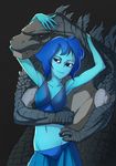  alien blue_eyes blue_hair blue_skin caress cartoon_network clothing cute dinosaur dress gem_(species) godzilla godzilla_(series) hair hands_on_waist hands_one_neck heartwarming hug humanoid interspecies kaiju lapis_lazuli_(steven_universe) larger_male love male meetworp midriff monster muscular romantic_couple scales seductive sharp_teeth short_hair size_difference smile spines steven_universe teeth 