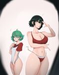 2girls absurdres ahoge black_hair bottomless breasts cleavage commentary finger_to_mouth fubuki_(one-punch_man) green_eyes green_hair hehevich height_difference highres index_finger_raised large_breasts multiple_girls one-punch_man panties pear-shaped_figure petite puckered_lips red_panties shirt shirt_tug short_hair shushing siblings side-tie_panties sisters small_breasts string_panties t-shirt tatsumaki thick_eyebrows thick_thighs thighs underwear untied_panties 